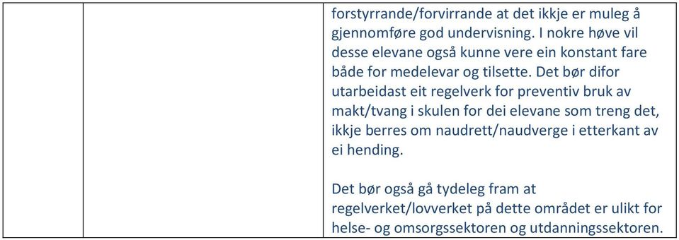 Det bør difor utarbeidast eit regelverk for preventiv bruk av makt/tvang i skulen for dei elevane som treng det, ikkje