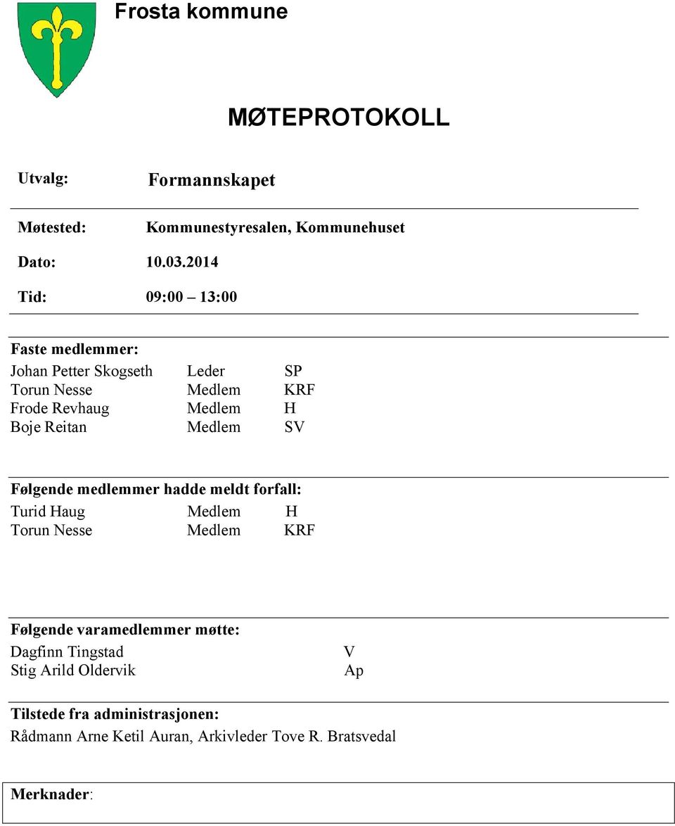 Reitan Medlem SV Følgende medlemmer hadde meldt forfall: Turid Haug Medlem H Torun Nesse Medlem KRF Følgende varamedlemmer