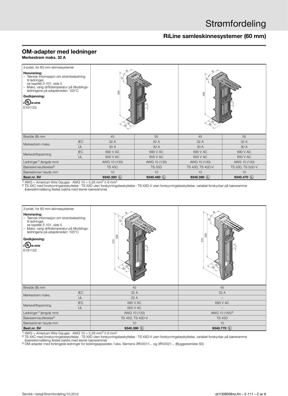 470 AWG = American Wire Gauges AWG 10 = 5,26 mm 2 6 mm 2 Bredde (B) mm 45 45 IEC 32 A 32 A UL 32 A UL 600 V AC Ledninger (lengde mm) AWG 10 (130) AWG 10 (165) 3) Bæreskinneutførelse 2) TS 45D, TS