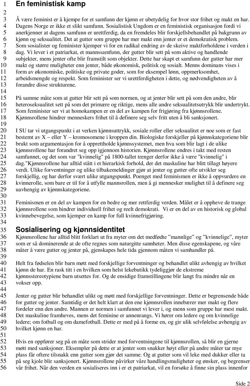 Det at gutter som gruppe har mer makt enn jenter er et demokratisk problem. Som sosialister og feminister kjemper vi for en radikal endring av de skeive maktforholdene i verden i dag.