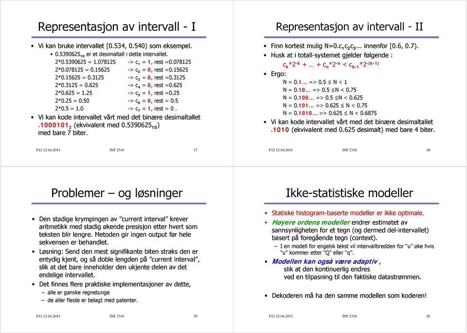 5 2*0.5 = 1.0 -> c 7 = 1, rest = 0. Vi kan kode intervallet vårt med det binære desimaltallet.1000101 2 (ekvivalent med 0.5390625 10 ) med bare 7 biter.