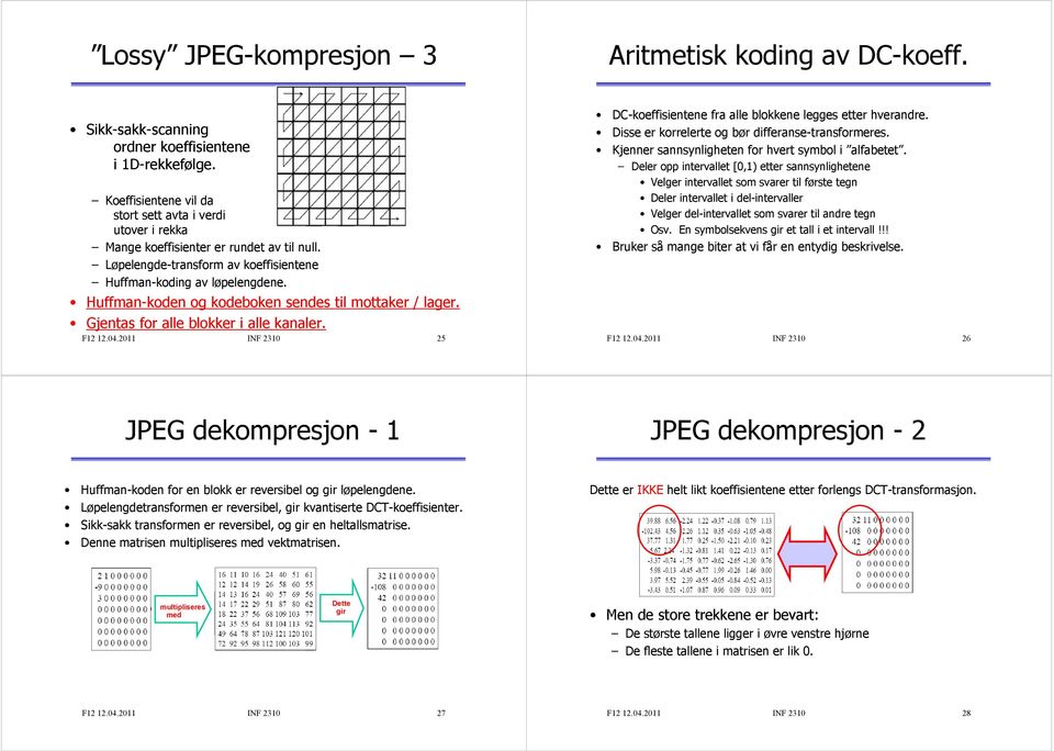 Huffman-koden og kodeboken sendes til mottaker / lager. Gjentas for alle blokker i alle kanaler. F12 12.04.2011 INF 2310 25 DC-koeffisientene fra alle blokkene legges etter hverandre.