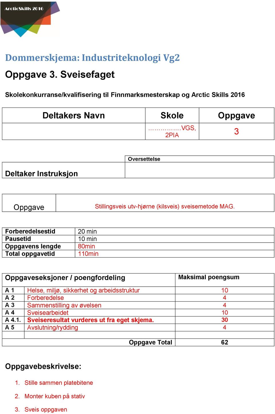 Forberedelsestid Pausetid Oppgavens lengde Total oppgavetid 0 min 0 min 80min 0min Oppgaveseksjoner / poengfordeling Maksimal poengsum A Helse, miljø, sikkerhet og