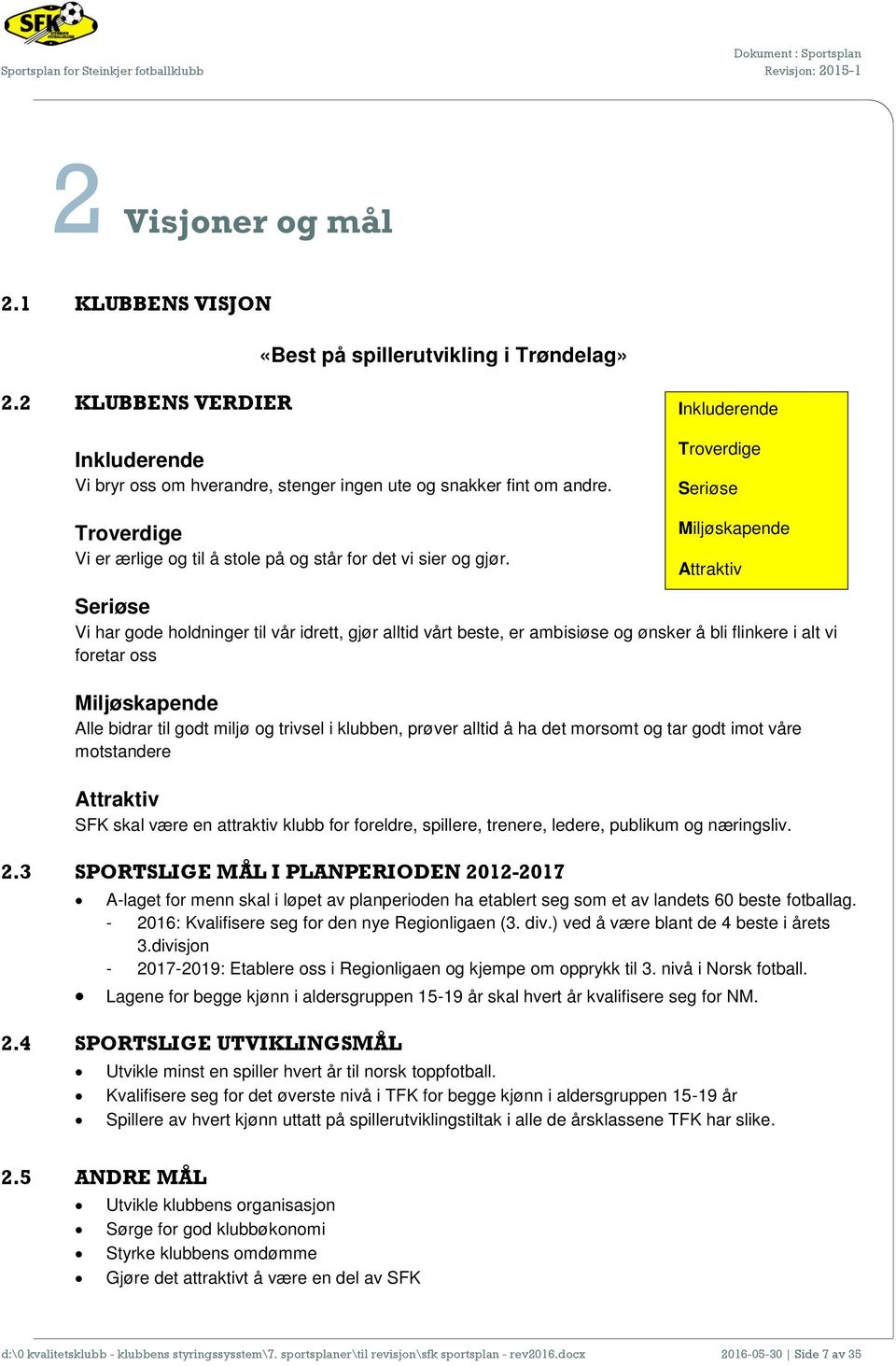 Inkluderende Troverdige Seriøse Miljøskapende Attraktiv Seriøse Vi har gode holdninger til vår idrett, gjør alltid vårt beste, er ambisiøse og ønsker å bli flinkere i alt vi foretar oss Miljøskapende