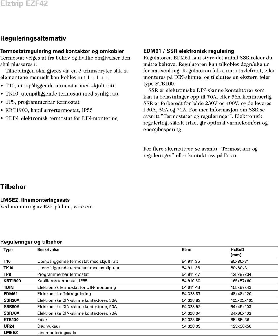 T10, utenpåliggende termostat med skjult ratt TK10, utenpåliggende termostat med synlig ratt TP8, programmerbar termostat KRT1900, kapillarrørtermostat, IP55 TDI, elektronisk termostat for