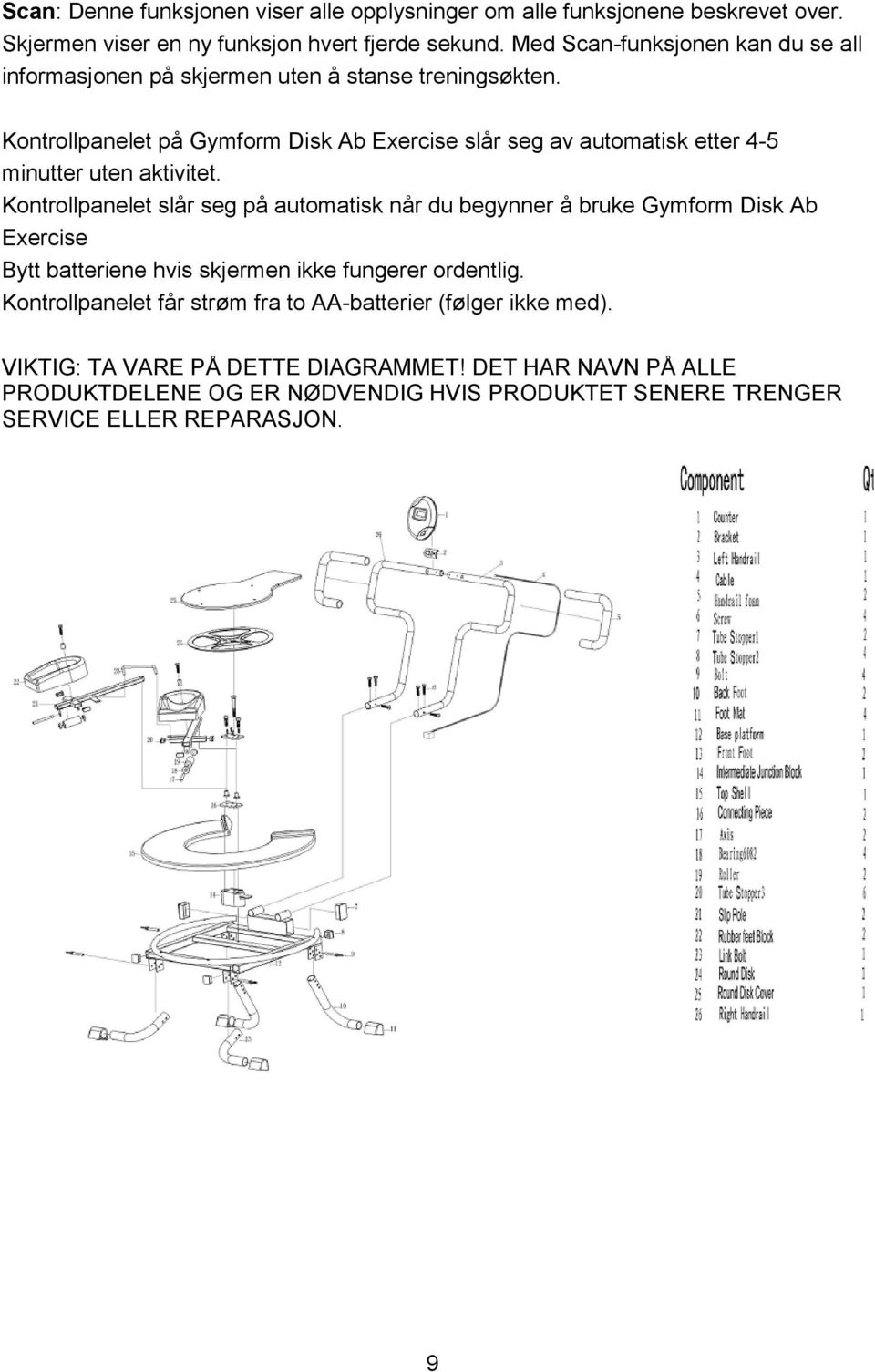 Kontrollpanelet på Gymform Disk Ab Exercise slår seg av automatisk etter 4-5 minutter uten aktivitet.