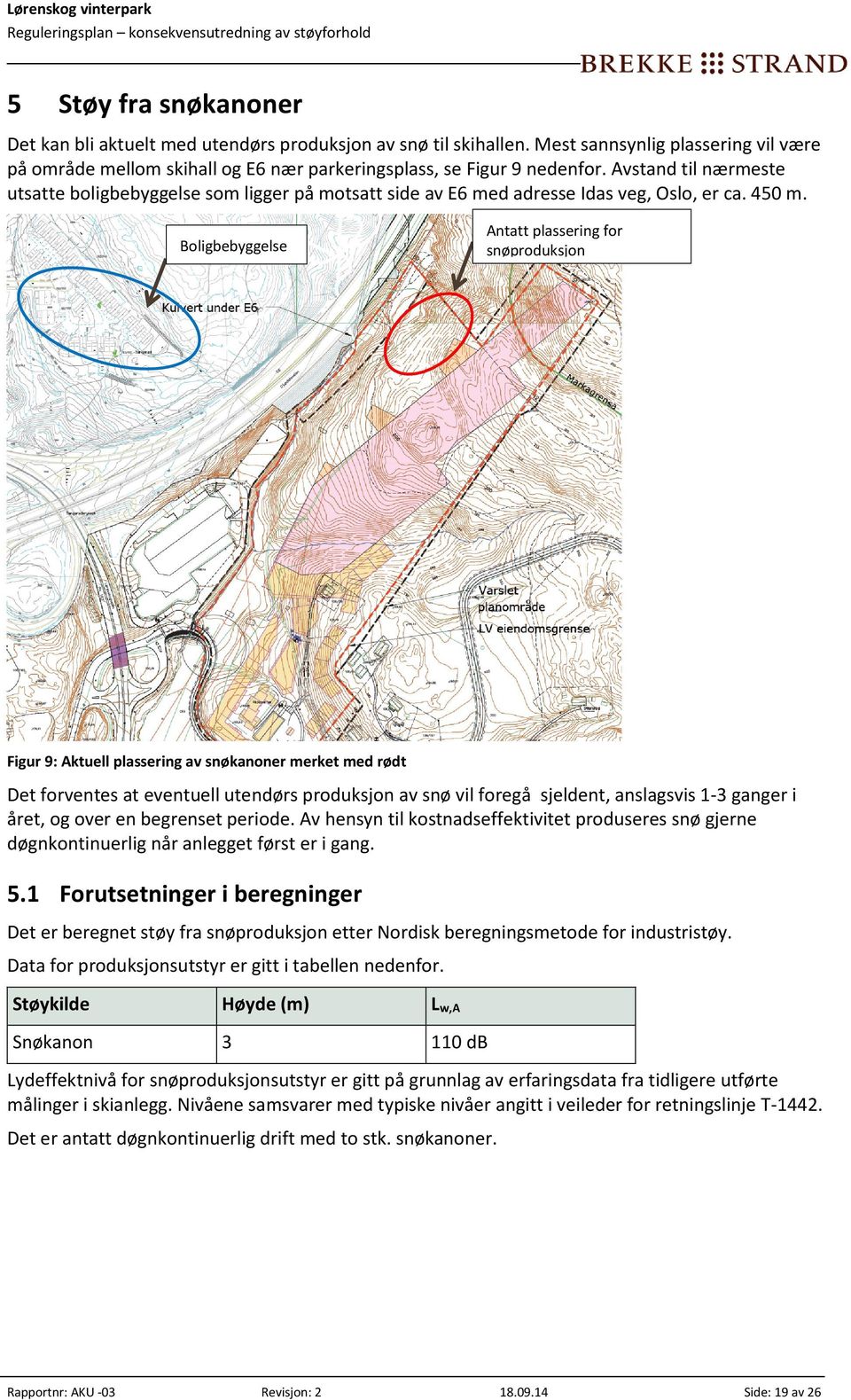 Boligbebyggelse Antatt plassering for snøproduksjon Figur 9: Aktuell plassering av snøkanoner merket med rødt Det forventes at eventuell utendørs produksjon av snø vil foregå sjeldent, anslagsvis 1-3