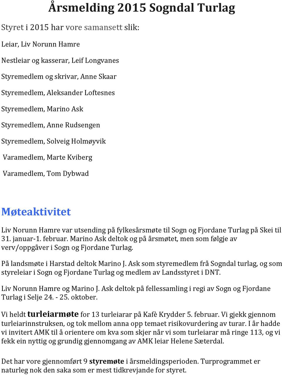 fylkesårsmøte til Sogn og Fjordane Turlag på Skei til 31. januar-1. februar. Marino Ask deltok og på årsmøtet, men som følgje av verv/oppgåver i Sogn og Fjordane Turlag.