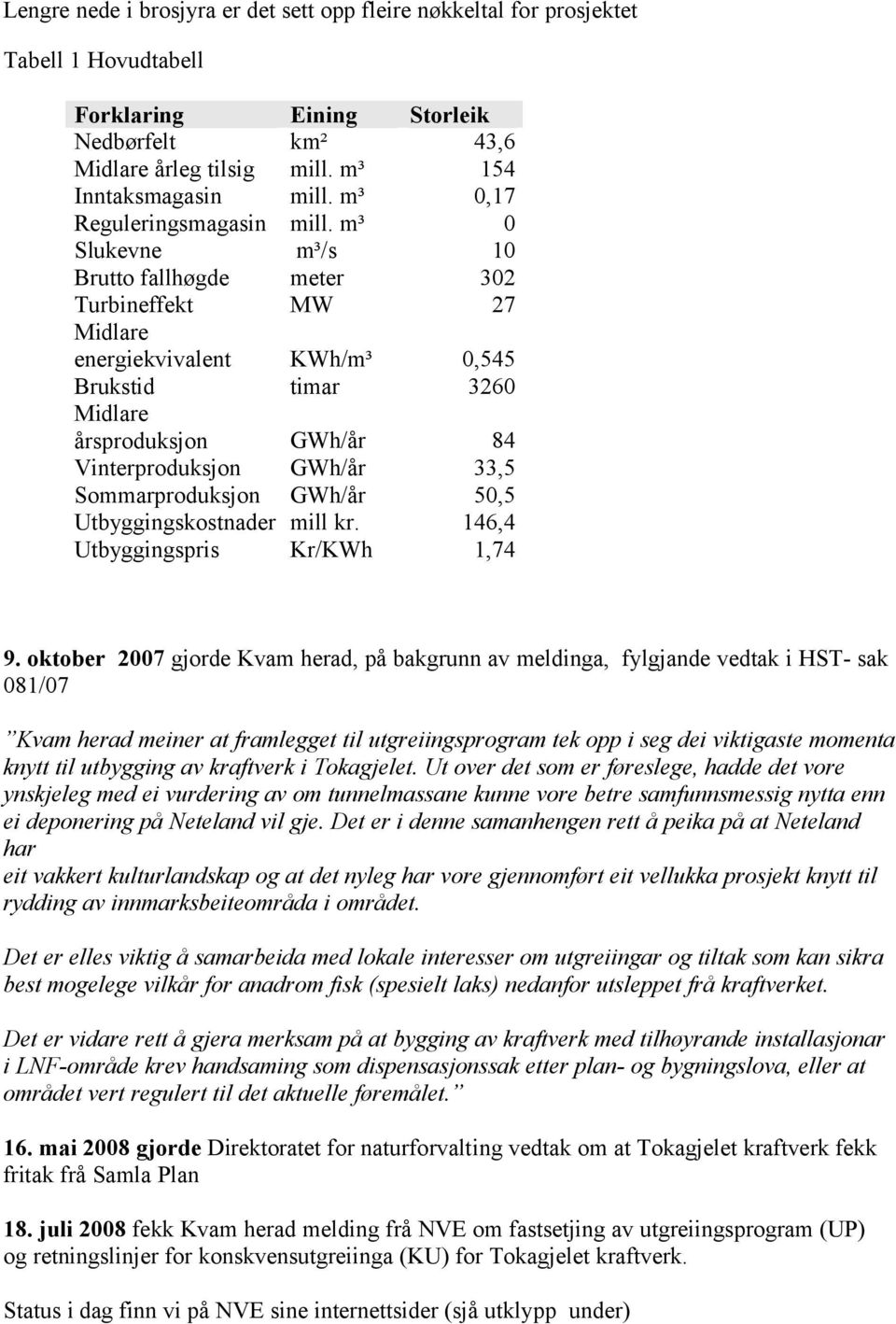 m³ 0 Slukevne m³/s 10 Brutto fallhøgde meter 302 Turbineffekt MW 27 Midlare energiekvivalent KWh/m³ 0,545 Brukstid timar 3260 Midlare årsproduksjon GWh/år 84 Vinterproduksjon GWh/år 33,5