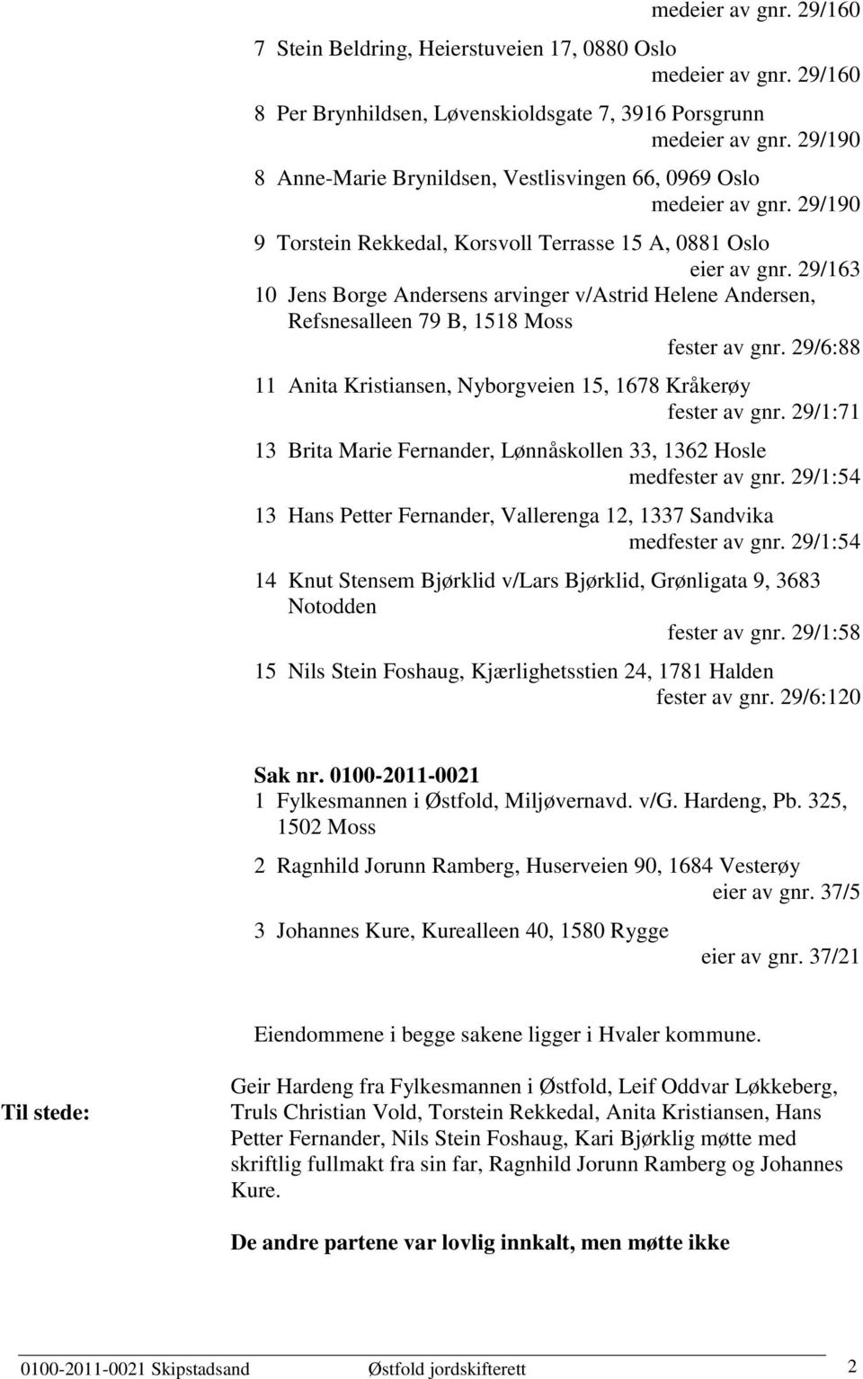 29/163 10 Jens Borge Andersens arvinger v/astrid Helene Andersen, Refsnesalleen 79 B, 1518 Moss fester av gnr. 29/6:88 11 Anita Kristiansen, Nyborgveien 15, 1678 Kråkerøy fester av gnr.