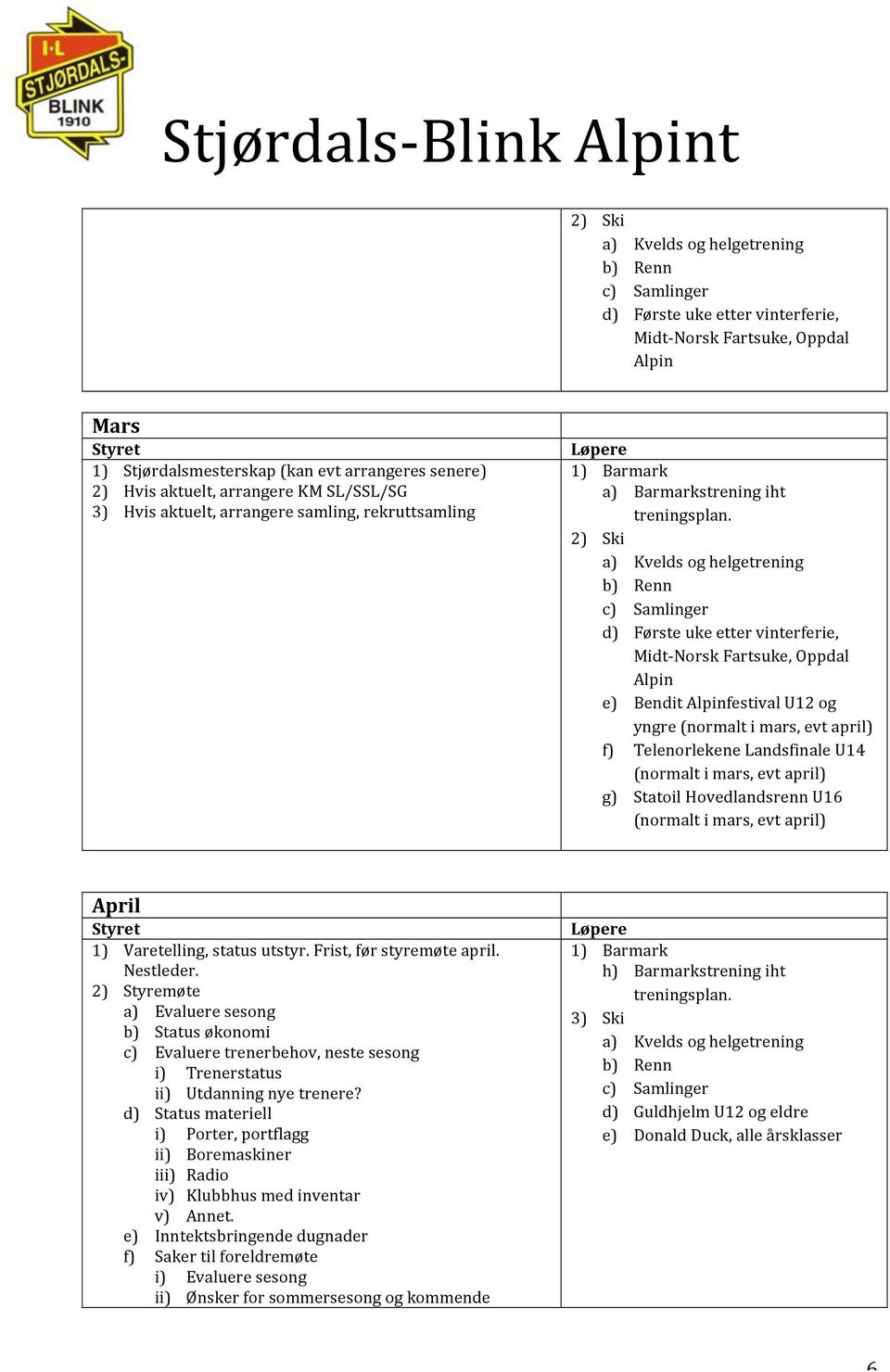 yngre (normalt i mars, evt april) f) Telenorlekene Landsfinale U14 (normalt i mars, evt april) g) Statoil Hovedlandsrenn U16 (normalt i mars, evt april) April 1) Varetelling, status utstyr.