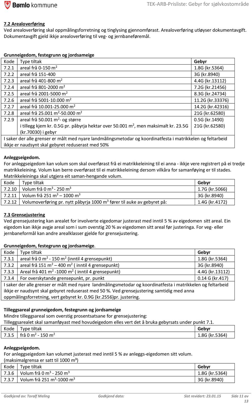 4G (kr.13112) 7.2.4 areal frå 801-2000 m 2 7.2G (kr.21456) 7.2.5 areal frå 2001-5000 m 2 8.3G (kr.24734) 7.2.6 areal frå 5001-10.000 m 2 11.2G (kr.33376) 7.2.7 areal frå 10.001-25.000 m 2 14.2G (kr.42316) 7.