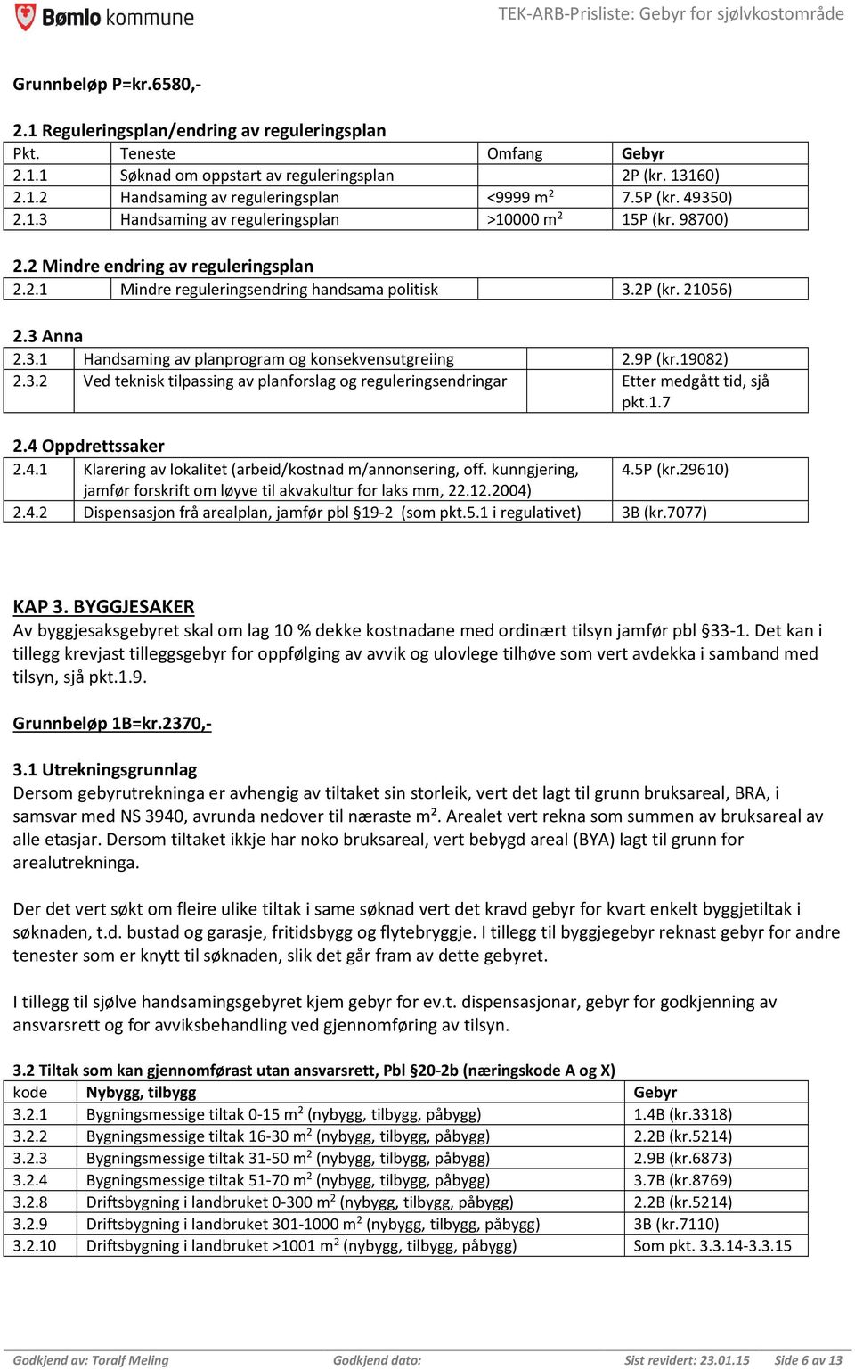 9P (kr.19082) 2.3.2 Ved teknisk tilpassing av planforslag og reguleringsendringar Etter medgått tid, sjå pkt.1.7 2.4 Oppdrettssaker 2.4.1 Klarering av lokalitet (arbeid/kostnad m/annonsering, off.