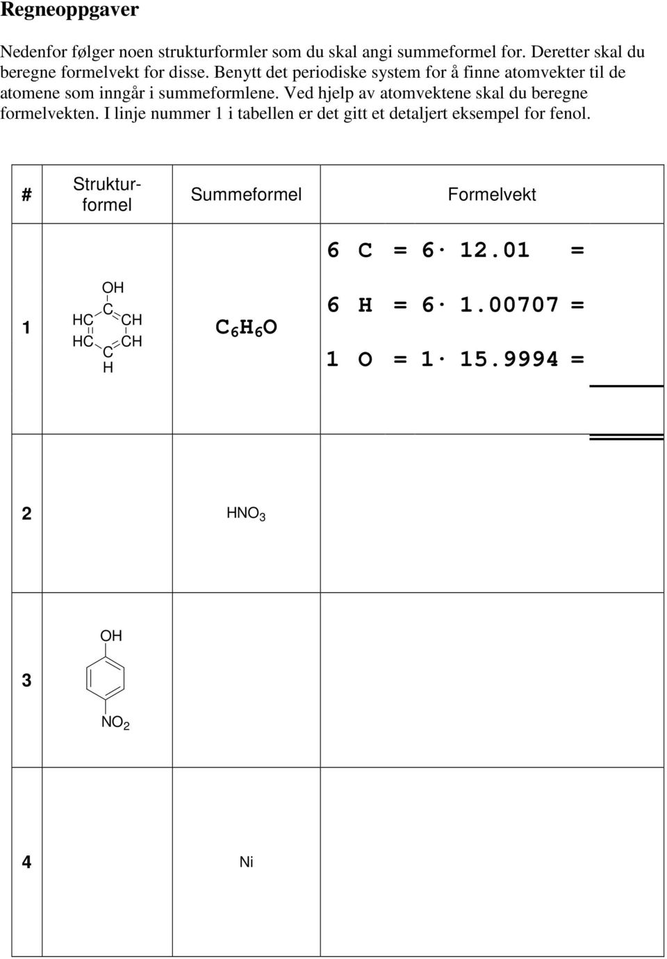 Benytt det periodiske system for å finne atomvekter til de atomene som inngår i summeformlene.