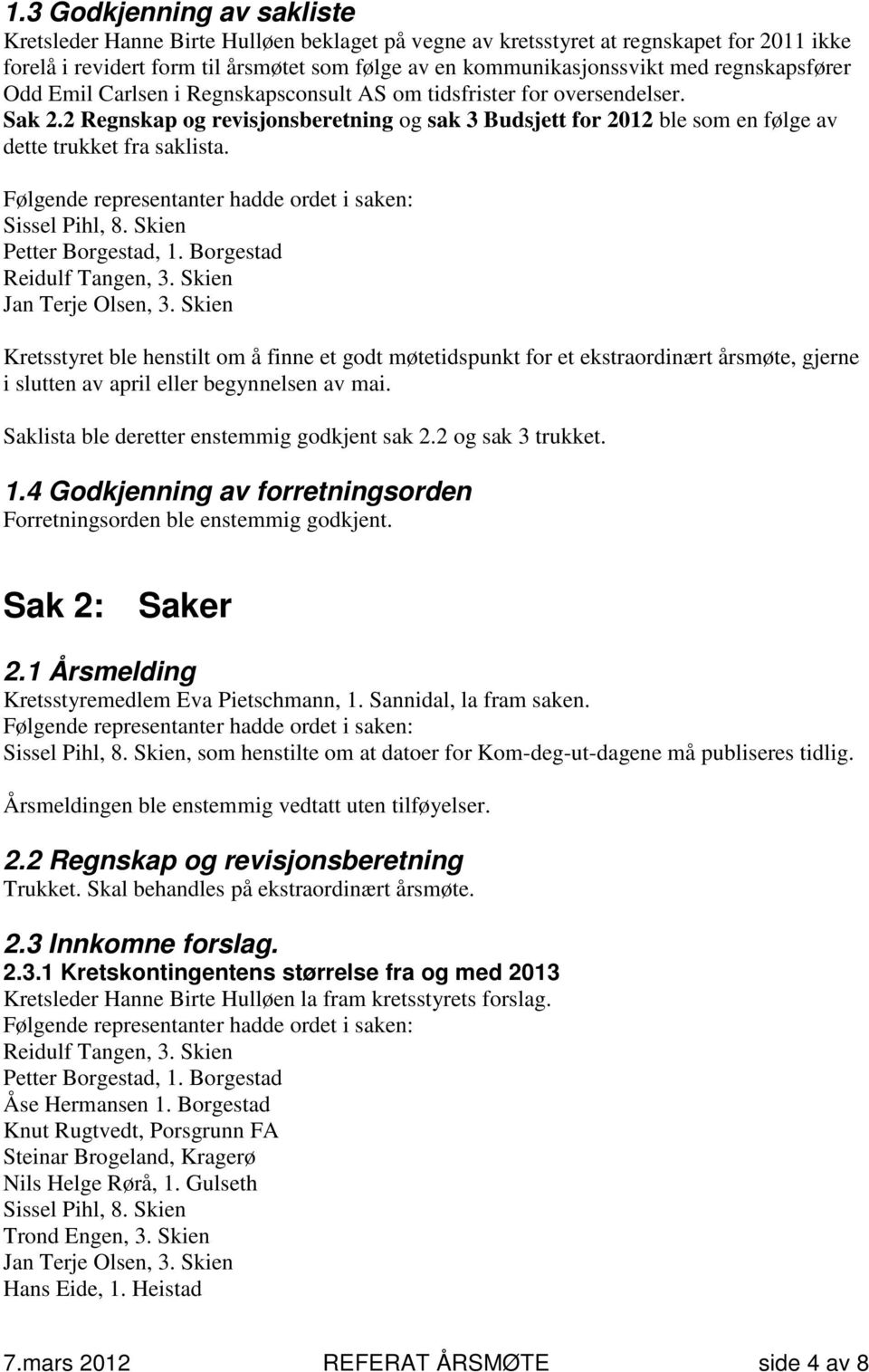 2 Regnskap og revisjonsberetning og sak 3 Budsjett for 2012 ble som en følge av dette trukket fra saklista. Sissel Pihl, 8. Skien Petter Borgestad, 1. Borgestad Reidulf Tangen, 3.