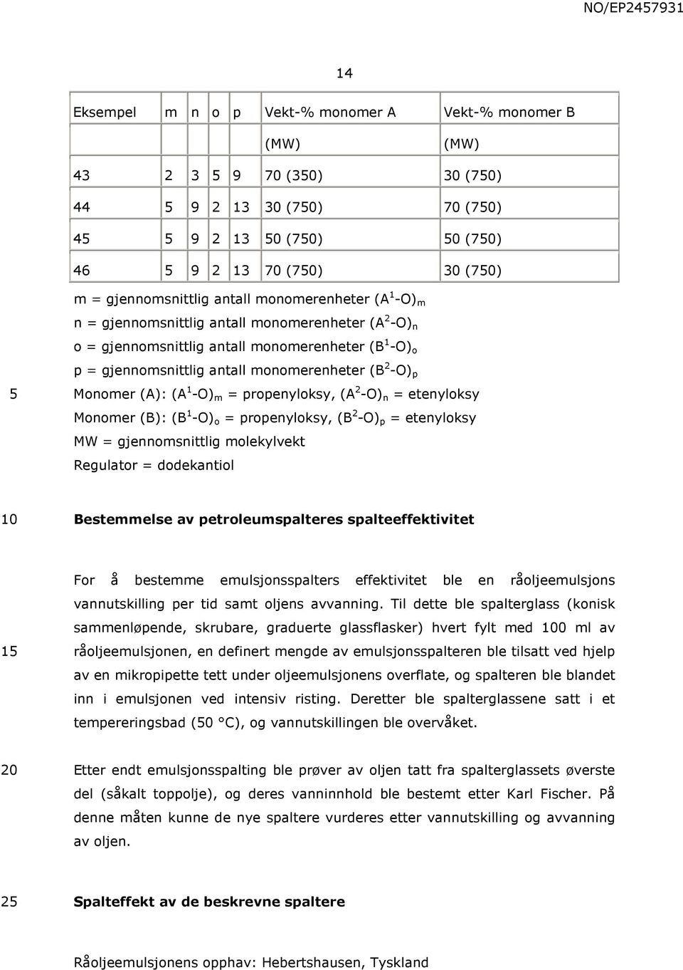 (A): (A 1 -O) m = propenyloksy, (A 2 -O) n = etenyloksy Monomer (B): (B 1 -O) o = propenyloksy, (B 2 -O) p = etenyloksy MW = gjennomsnittlig molekylvekt Regulator = dodekantiol Bestemmelse av