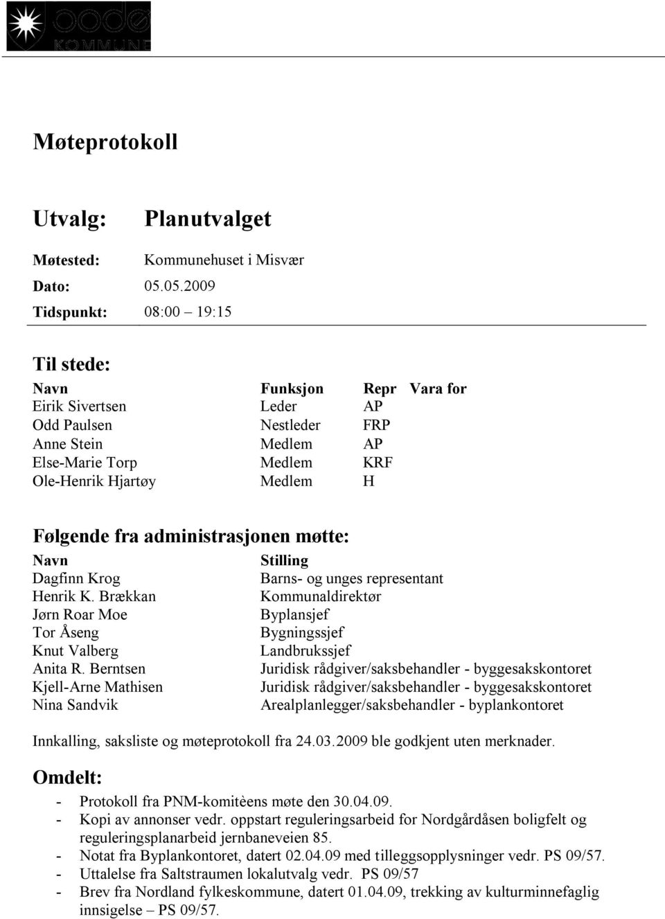 Følgende fra administrasjonen møtte: Navn Dagfinn Krog Henrik K. Brækkan Jørn Roar Moe Tor Åseng Knut Valberg Anita R.