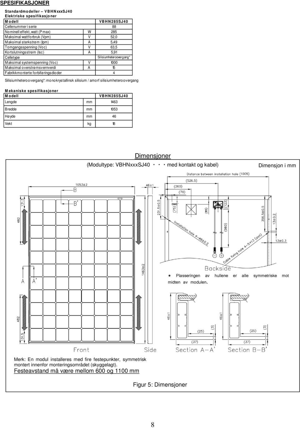 Fabrikkmonterte forbiføringsdioder 4 Silisiumheteroovergang*: monokrystallinsk silisium / amorf silisiumheteroovergang M ekaniske spesifikasjo ner M odell VBH N285SJ40 Lengde mm 1463 Bredde mm 1053