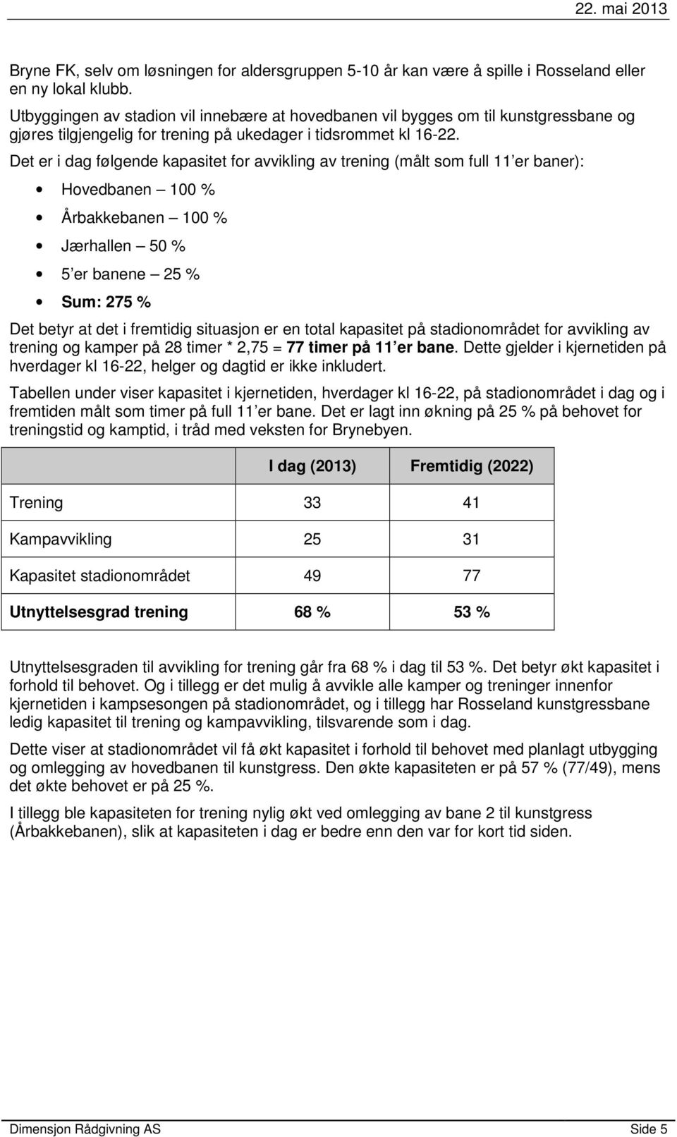 Det er i dag følgende kapasitet for avvikling av trening (målt som full 11 er baner): Hovedbanen 100 % Årbakkebanen 100 % Jærhallen 50 % 5 er banene 25 % Sum: 275 % Det betyr at det i fremtidig