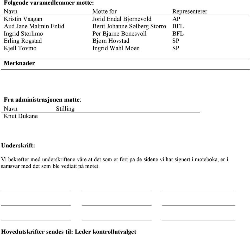 Merknader Fra administrasjonen møtte: Navn Stilling Knut Dukane Underskrift: Vi bekrefter med underskriftene våre at det som er ført