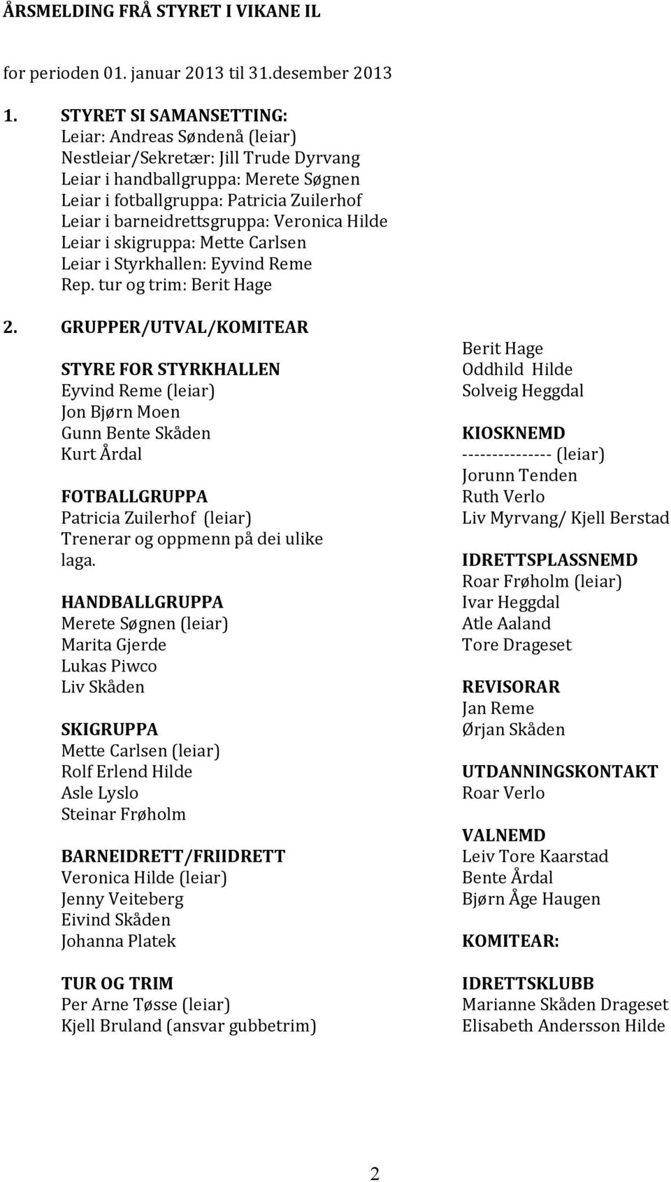 barneidrettsgruppa: Veronica Hilde Leiar i skigruppa: Mette Carlsen Leiar i Styrkhallen: Eyvind Reme Rep. tur og trim: Berit Hage 2.