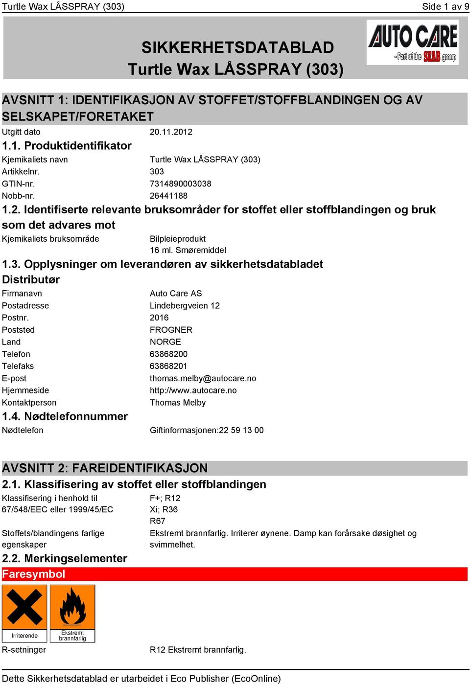 Smøremiddel 1.3. Opplysninger om leverandøren av sikkerhetsdatabladet Distributør Firmanavn Auto Care AS Postadresse Lindebergveien 12 Postnr.