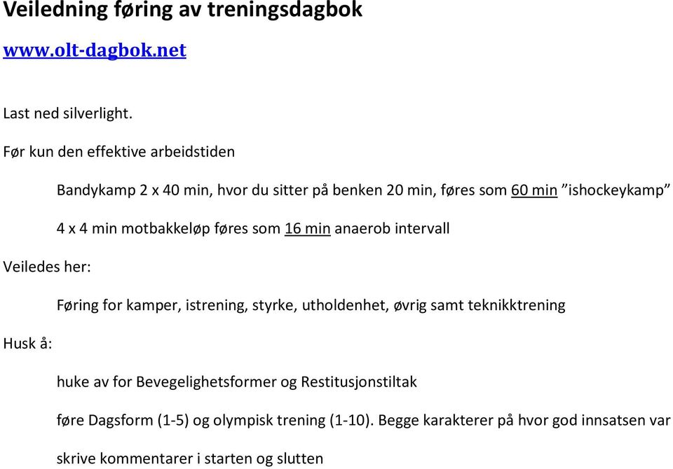 motbakkeløp føres som 16 min anaerob intervall Veiledes her: Føring for kamper, istrening, styrke, utholdenhet, øvrig samt