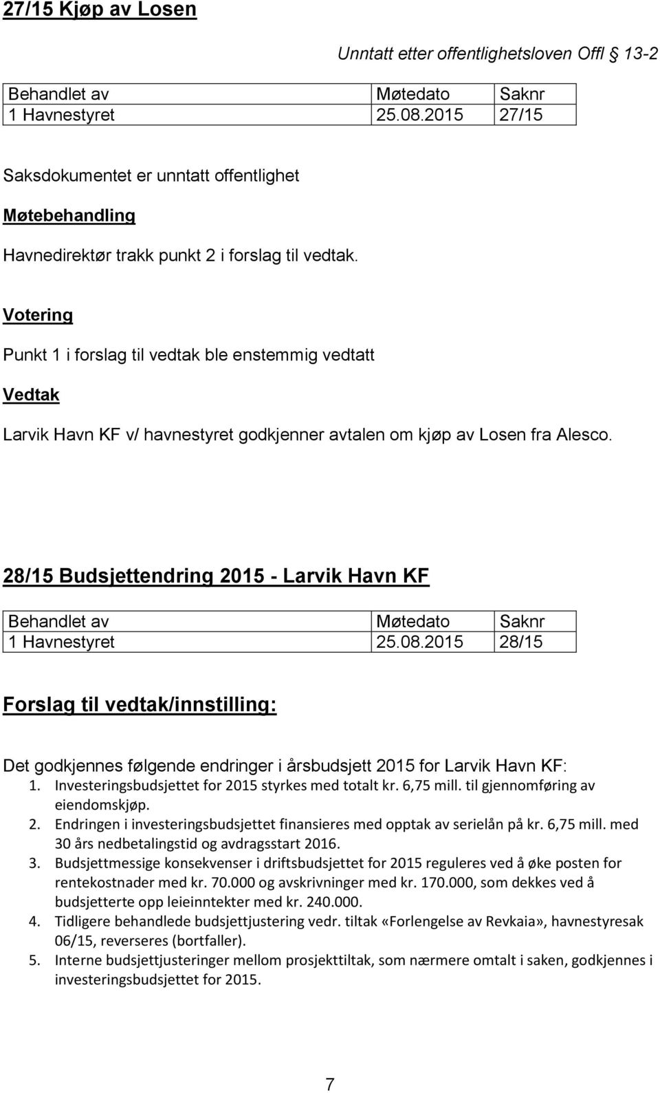 2015 28/15 Forslag til vedtak/innstilling: Det godkjennes følgende endringer i årsbudsjett 2015 for Larvik Havn KF: 1. Investeringsbudsjettet for 2015 styrkes med totalt kr. 6,75 mill.