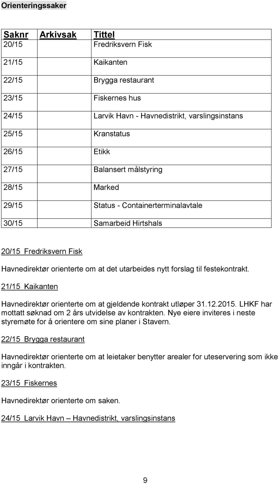 festekontrakt. 21/15 Kaikanten Havnedirektør orienterte om at gjeldende kontrakt utløper 31.12.2015. LHKF har mottatt søknad om 2 års utvidelse av kontrakten.