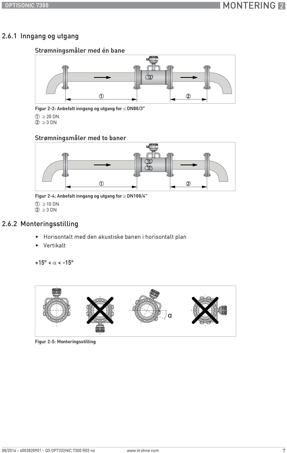 DN80/3" 1 20 DN 2 3 DN Strømningsmåler med to baner Figur 2-4: Anbefalt inngang og utgang for