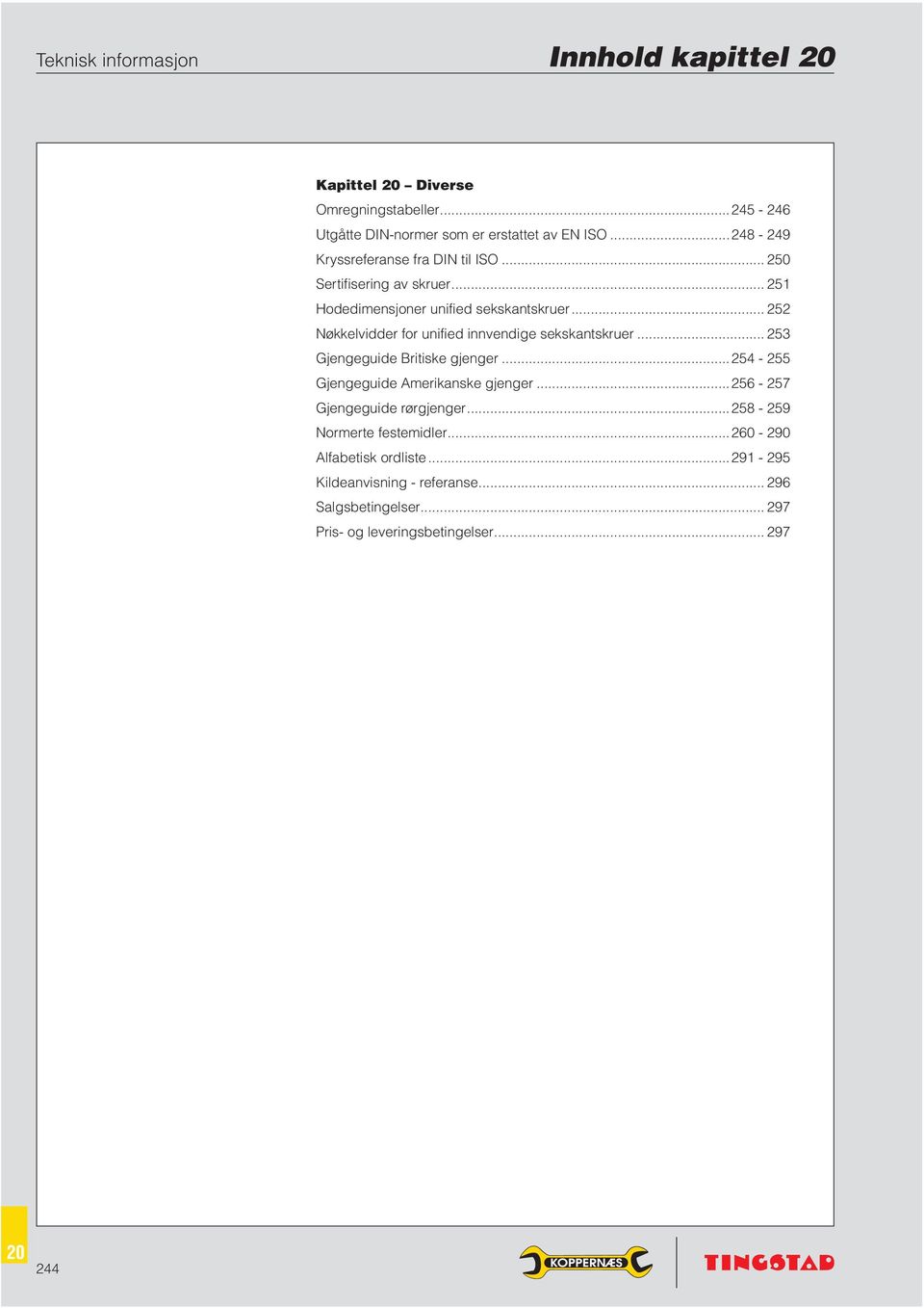 .. 252 Nøkkelvidder for unified innvendige sekskantskruer... 253 Gjengeguide Britiske gjenger...254-255 Gjengeguide Amerikanske gjenger.