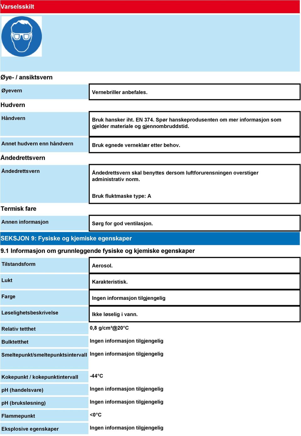 Bruk fluktmaske type: A Termisk fare Annen informasjon Sørg for god ventilasjon. SEKSJON 9: Fysiske og kjemiske egenskaper 9.