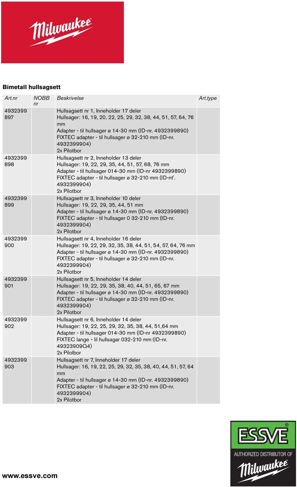 890) 904) Hullsagsett nr 2, Inneholder 13 deler Hullsager: 19, 22, 29, 35, 44, 51, 57, 68, 76 Adapter - til hullsager 014-30 (ID-nr 890) FIXTEC adapter - til hullsager ø 32-210 (ID-nt'.