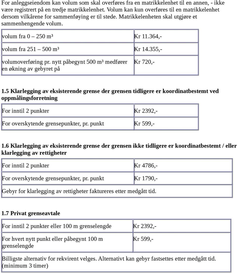 364,- volum fra 251 500 m³ Kr 14.355,- volumoverføring pr. nytt påbegynt 500 m³ medfører en økning av gebyret på Kr 720,- 1.