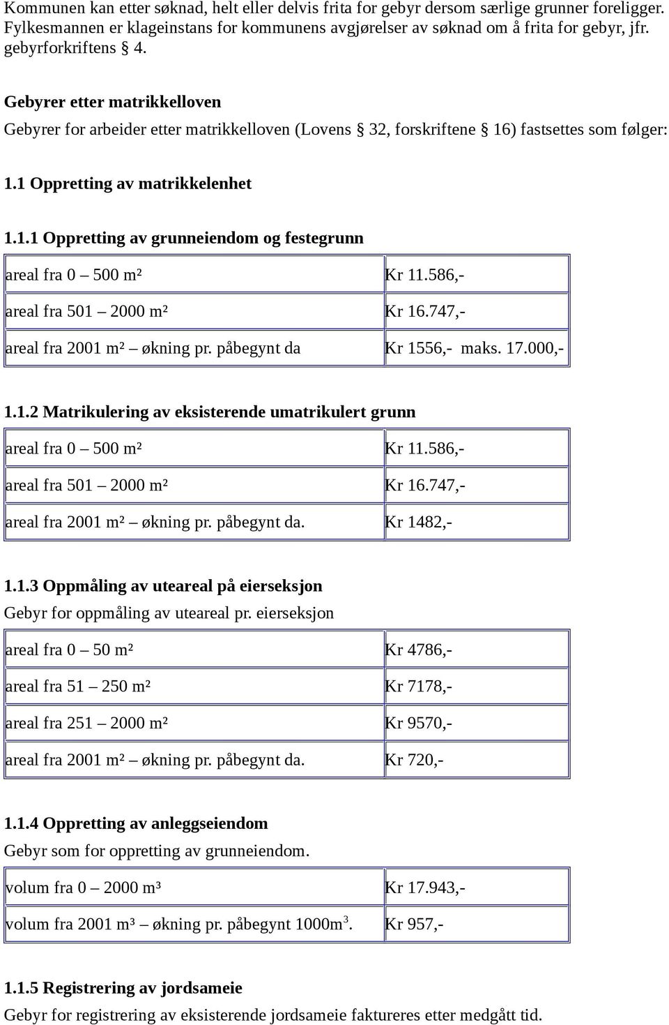 586,- areal fra 501 2000 m² Kr 16.747,- areal fra 2001 m² økning pr. påbegynt da Kr 1556,- maks. 17.000,- 1.1.2 Matrikulering av eksisterende umatrikulert grunn areal fra 0 500 m² Kr 11.