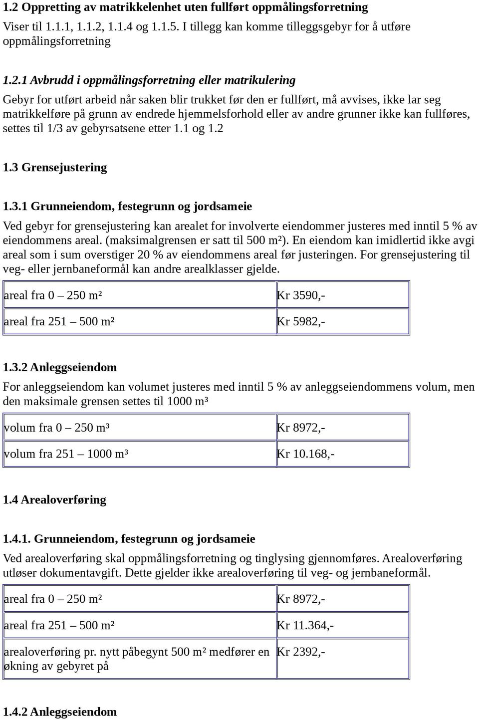 grunner ikke kan fullføres, settes til 1/3 av gebyrsatsene etter 1.1 og 1.2 1.3 Grensejustering 1.3.1 Grunneiendom, festegrunn og jordsameie Ved gebyr for grensejustering kan arealet for involverte eiendommer justeres med inntil 5 % av eiendommens areal.