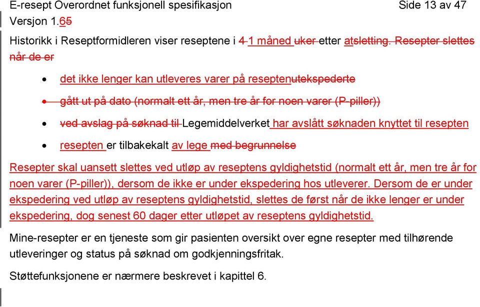 har avslått søknaden knyttet til resepten resepten er tilbakekalt av lege med begrunnelse Resepter skal uansett slettes ved utløp av reseptens gyldighetstid (normalt ett år, men tre år for noen varer