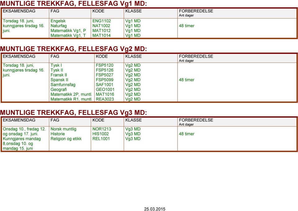 FSP5120 FSP5126 FSP5027 FSP5099 GEO1001 AT1016 REA3023 D D D D D D D D UNTLIGE TREKK, FELLES Vg3 D: EKSAENSDAG KODE KLASSE Ant dager Onsdag 10.