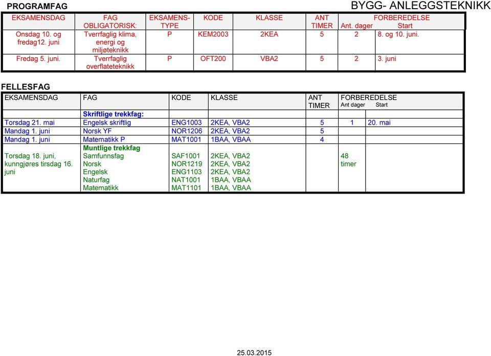 dager Start P KE2003 2KEA 5 2 8. og 10. P OFT200 VBA2 5 2 3. juni FELLES EKSAENSDAG Skriftlige trekkfag: Torsdag 21.