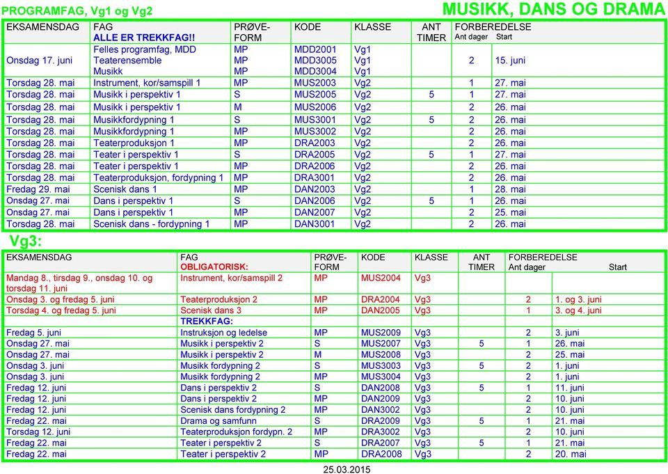 mai Torsdag 28. mai usikkfordypning 1 S US3001 5 2 26. mai Torsdag 28. mai usikkfordypning 1 P US3002 2 26. mai Torsdag 28. mai Teaterproduksjon 1 P DRA2003 2 26. mai Torsdag 28. mai Teater i perspektiv 1 S DRA2005 5 1 27.