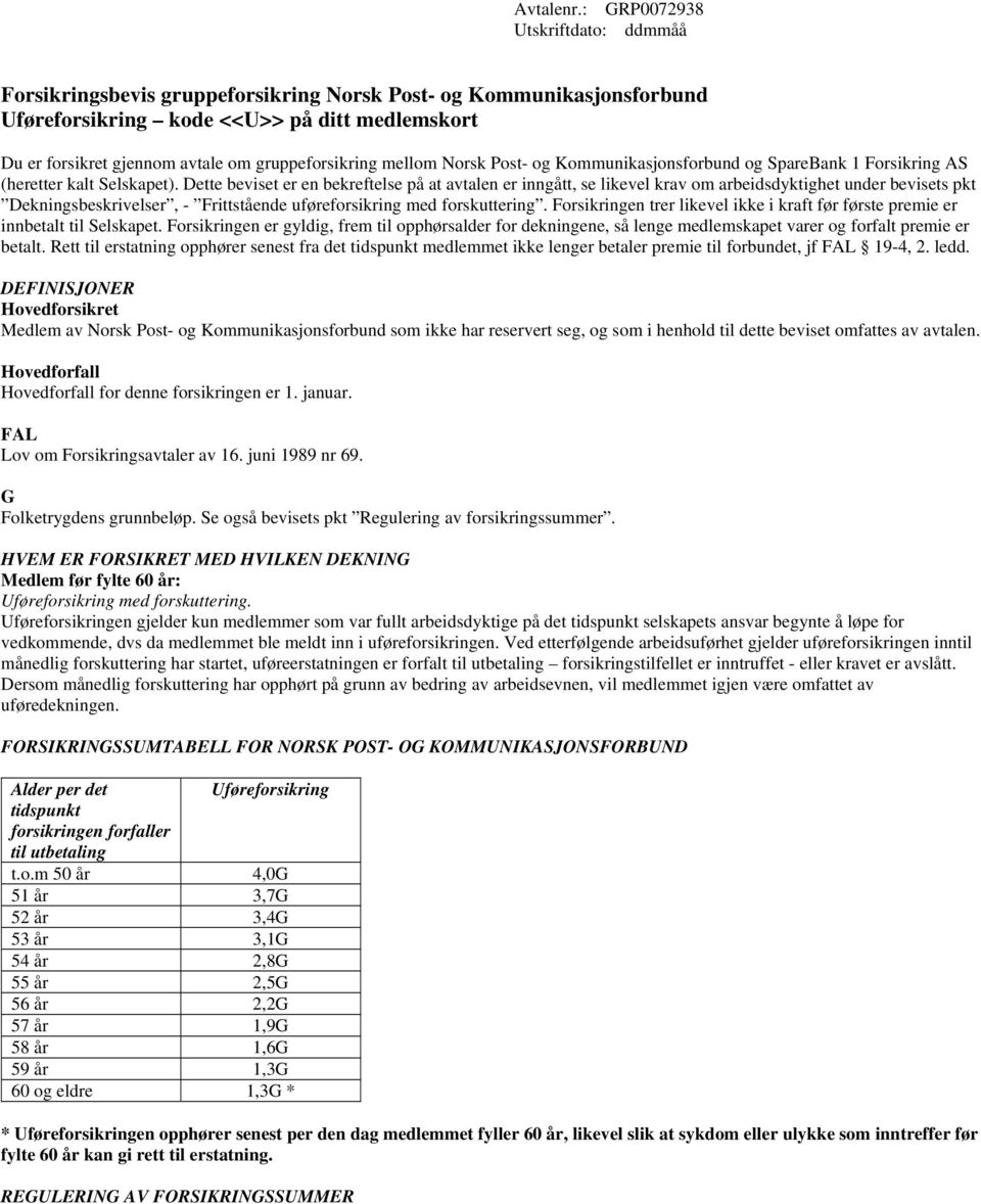 gruppeforsikring mellom Norsk Post- og Kommunikasjonsforbund og SpareBank 1 Forsikring AS (heretter kalt Selskapet).