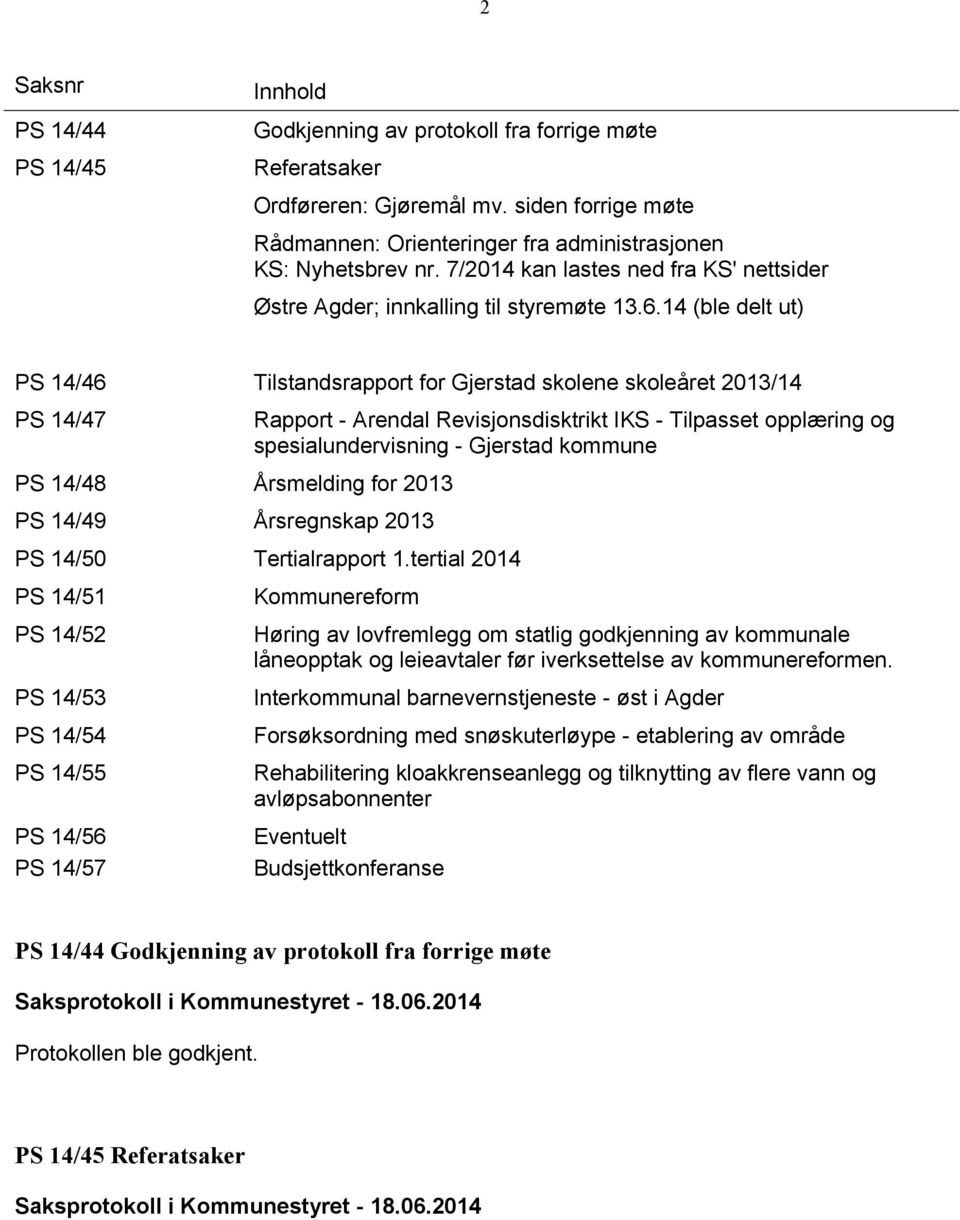 14 (ble delt ut) PS 14/46 Tilstandsrapport for Gjerstad skolene skoleåret 2013/14 PS 14/47 PS 14/48 Årsmelding for 2013 PS 14/49 Årsregnskap 2013 Rapport - Arendal Revisjonsdisktrikt IKS - Tilpasset