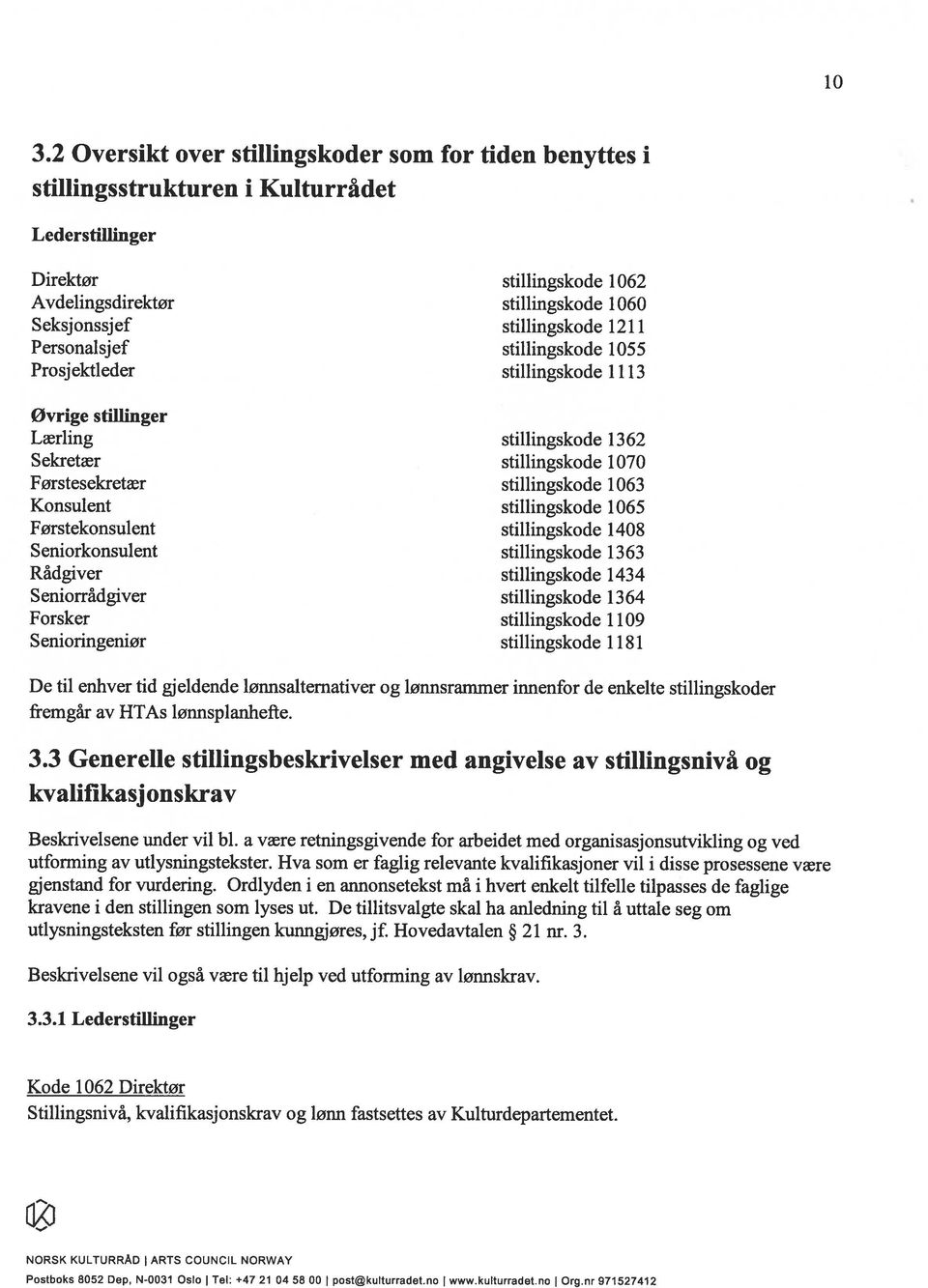 Konsulent stillingskode 1065 Førstekonsulent stillingskode 1408 Seniorkonsulent stillingskode 1363 Rådgiver stillingskode 1434 Seniorrådgiver stillingskode 1364 Forsker stillingskode 1109