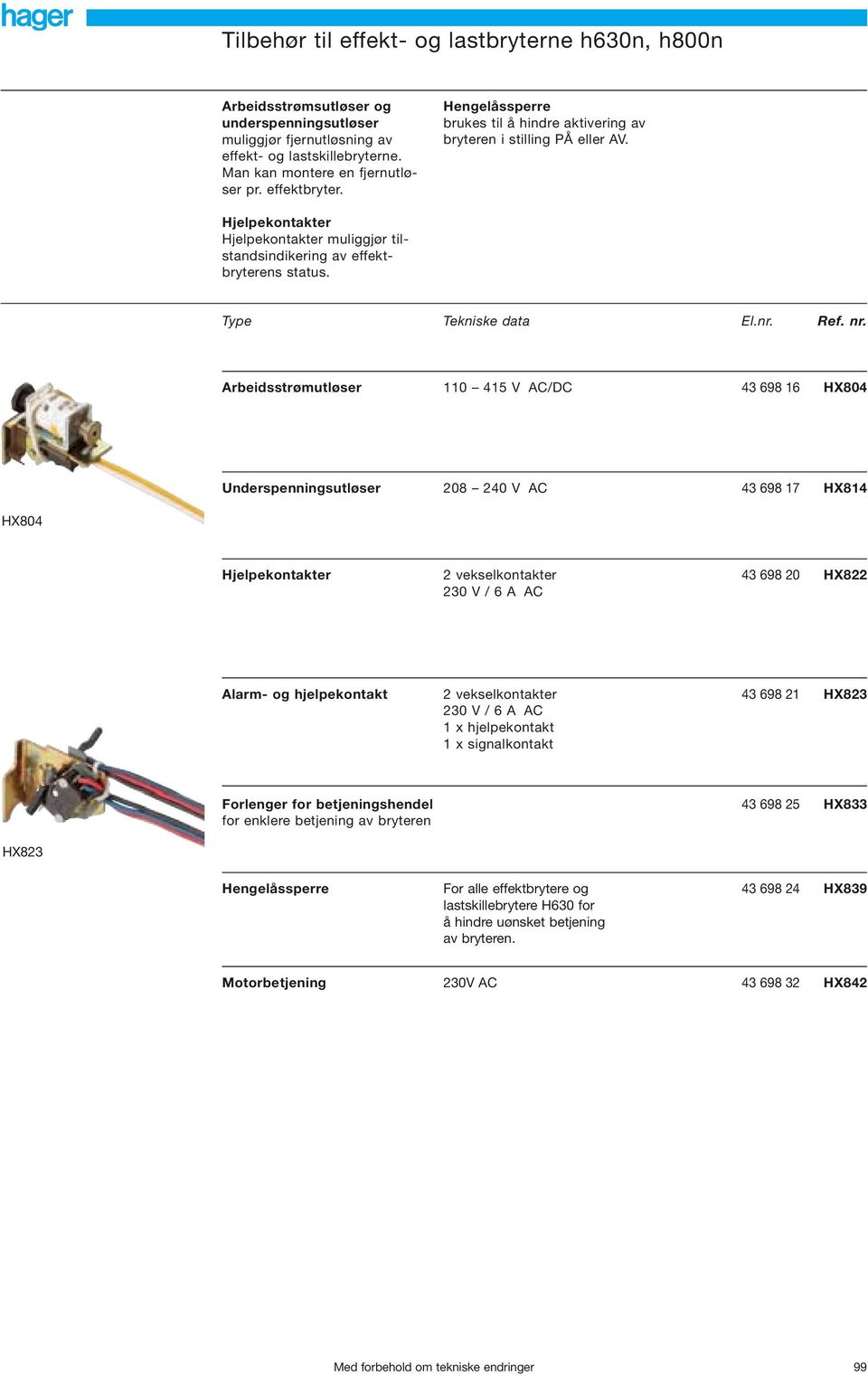 nr. Arbeidsstrømutløser 0 V AC/DC 9 HX0 Underspenningsutløser 0 0 V AC 9 7 HX HX0 Hjelpekontakter vekselkontakter 9 0 HX 0 V / A AC Alarm og hjelpekontakt vekselkontakter 9 HX 0 V / A AC x