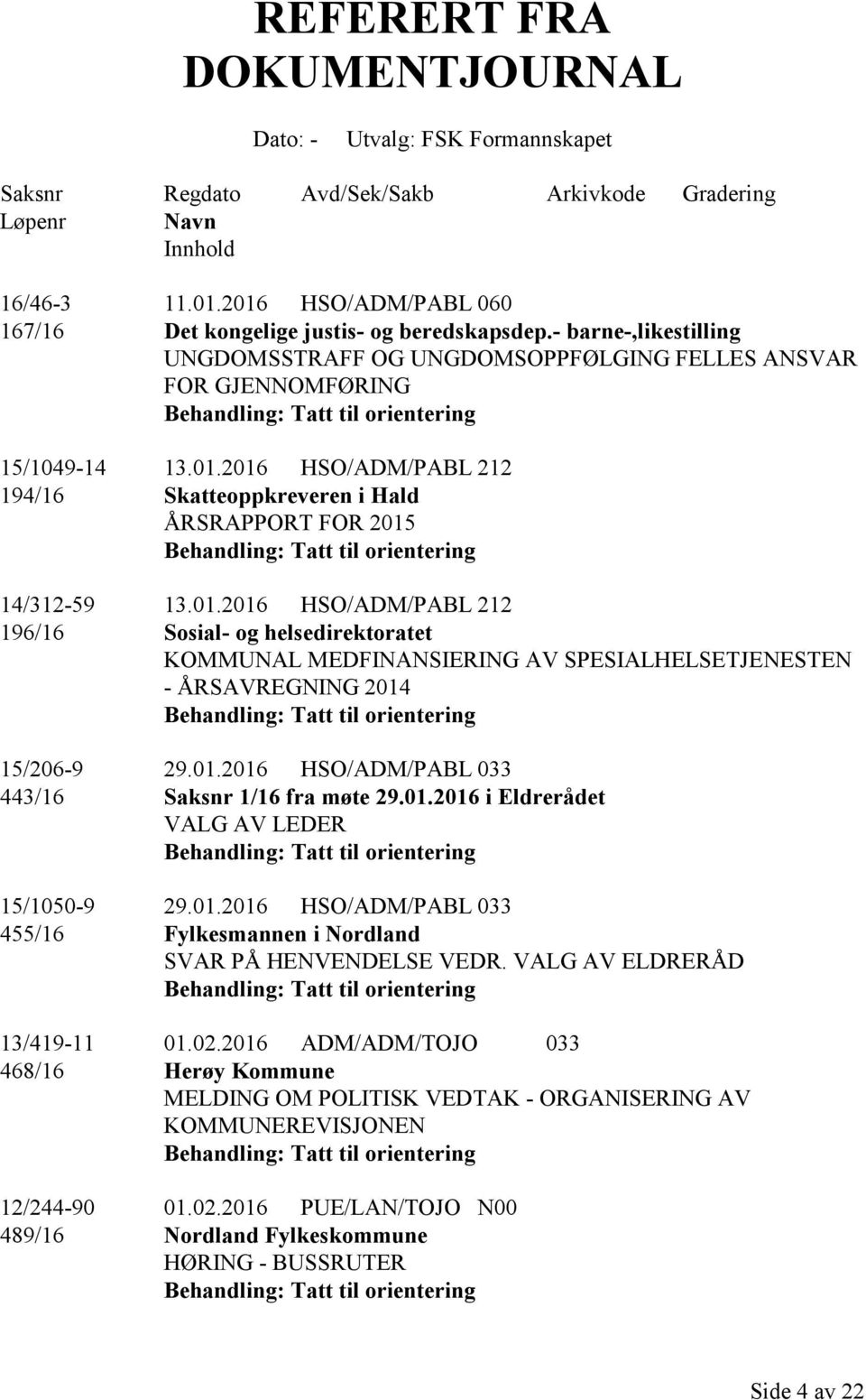 01.2016 HSO/ADM/PABL 212 196/16 Sosial- og helsedirektoratet KOMMUNAL MEDFINANSIERING AV SPESIALHELSETJENESTEN - ÅRSAVREGNING 2014 Tatt til orientering 15/206-9 29.01.2016 HSO/ADM/PABL 033 443/16 Saksnr 1/16 fra møte 29.