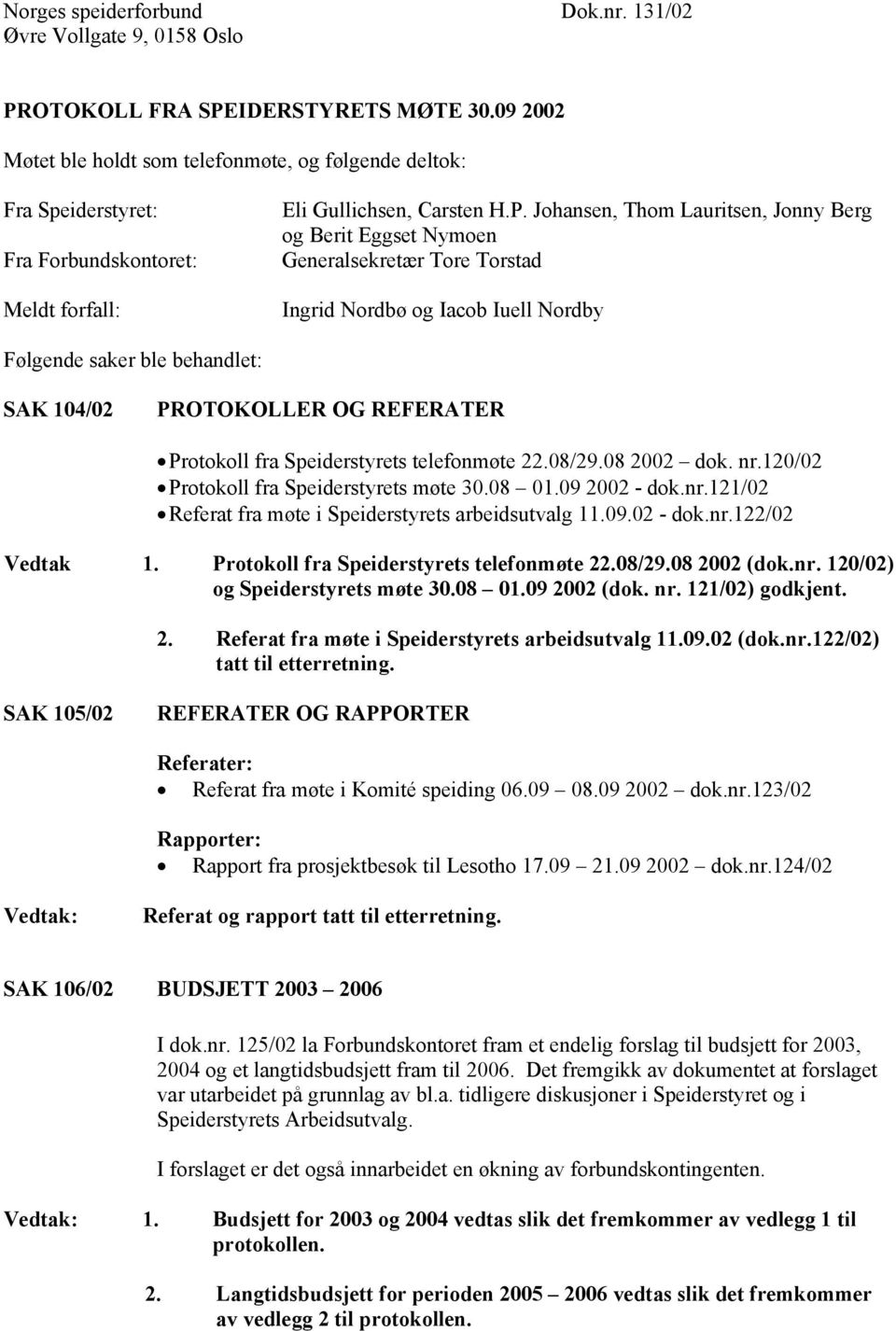 Johansen, Thom Lauritsen, Jonny Berg og Berit Eggset Nymoen Generalsekretær Tore Torstad Ingrid Nordbø og Iacob Iuell Nordby Følgende saker ble behandlet: SAK 104/02 PROTOKOLLER OG REFERATER