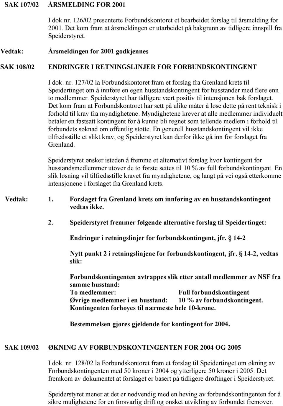 127/02 la Forbundskontoret fram et forslag fra Grenland krets til Speidertinget om å innføre en egen husstandskontingent for husstander med flere enn to medlemmer.