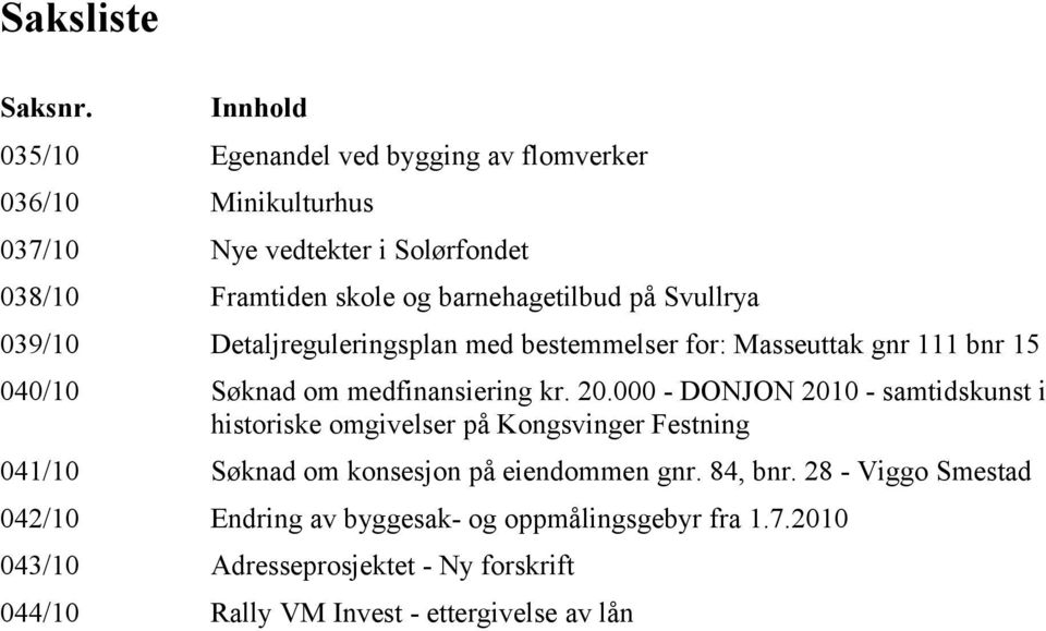 på Svullrya 039/10 Detaljreguleringsplan med bestemmelser for: Masseuttak gnr 111 bnr 15 040/10 Søknad om medfinansiering kr. 20.