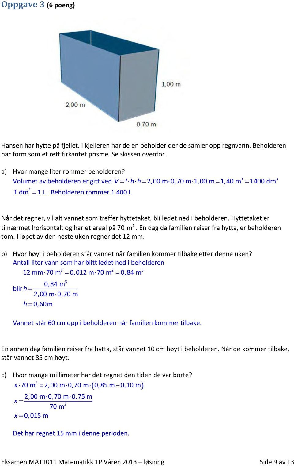 Beholderen rommer 1 400 L Når det regner, vil alt vannet som treffer hyttetaket, bli ledet ned i beholderen. Hyttetaket er tilnærmet horisontalt og har et areal på 70 m.