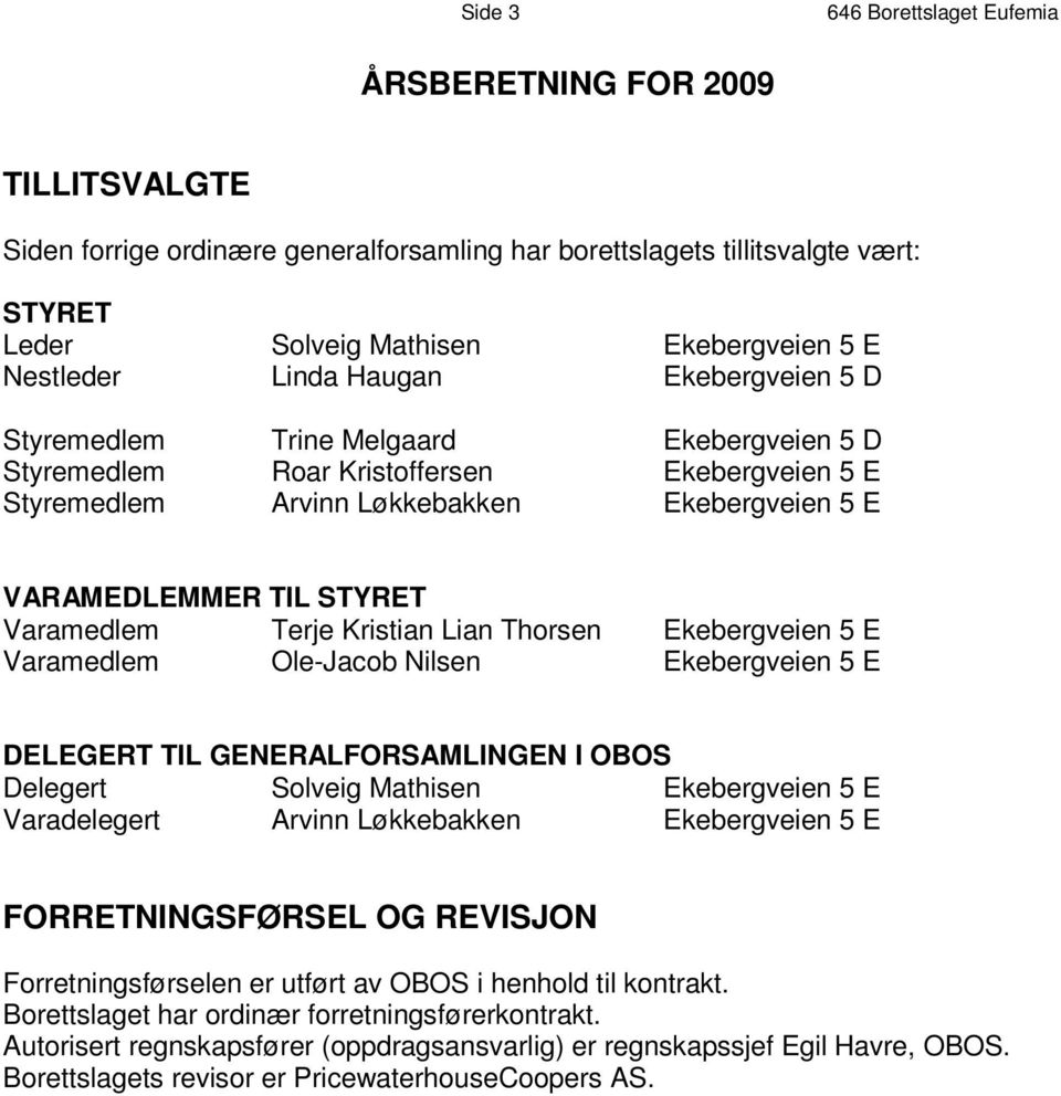 b e r g v e i e n 5 D S t y r e m e d l R o e a r m K r i s t o f f e r s e n E k e b e r g v e i e n 5 E S t y r e m e d l A r e v m i n n L ø k k e b a k k e n E k e b e r g v e i e n 5 E V A R A M